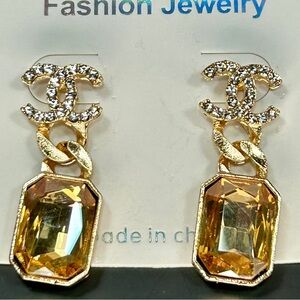 Gold & Rhinestone With Champagne Stone Dangle Earrings